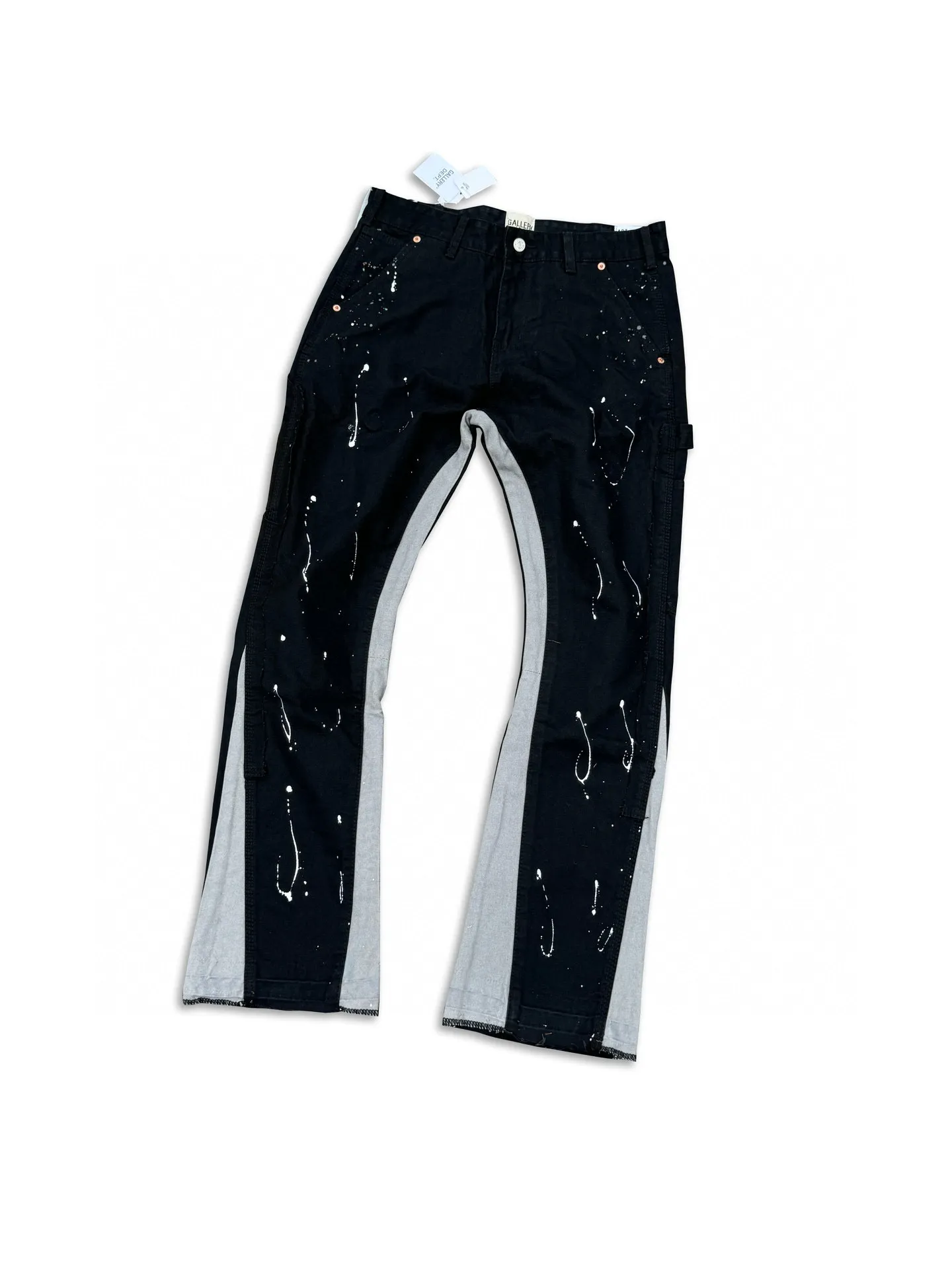 -Size upper body P220#G33 GALLERY DEPT. Spliced ​​washed retro jeans for men and women, high street splash-ink pants, micro-flared casual trousers, trendy couple, same style. Color: black. Size: S-XXL (corresponding to 28-36)